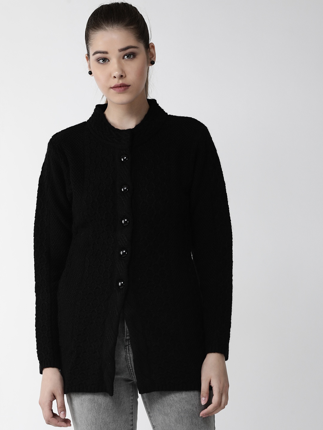 

Cayman Women Black Self Design Cardigan Sweater