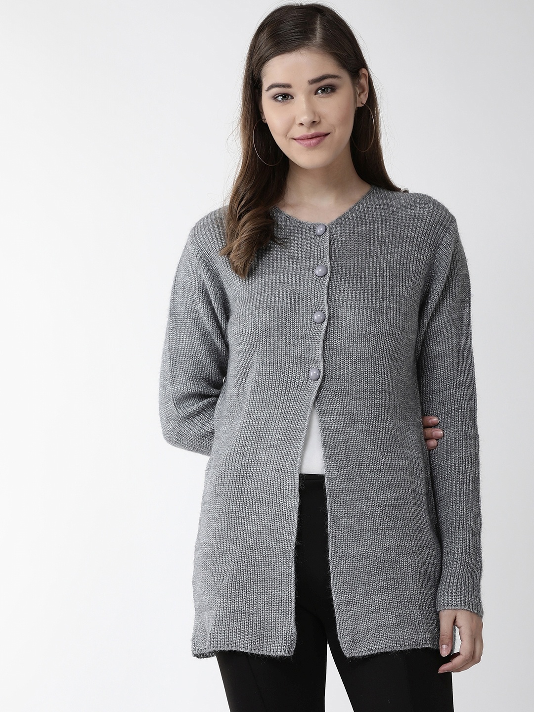 

Cayman Women Grey Ribbed Longline Woollen Cardigan