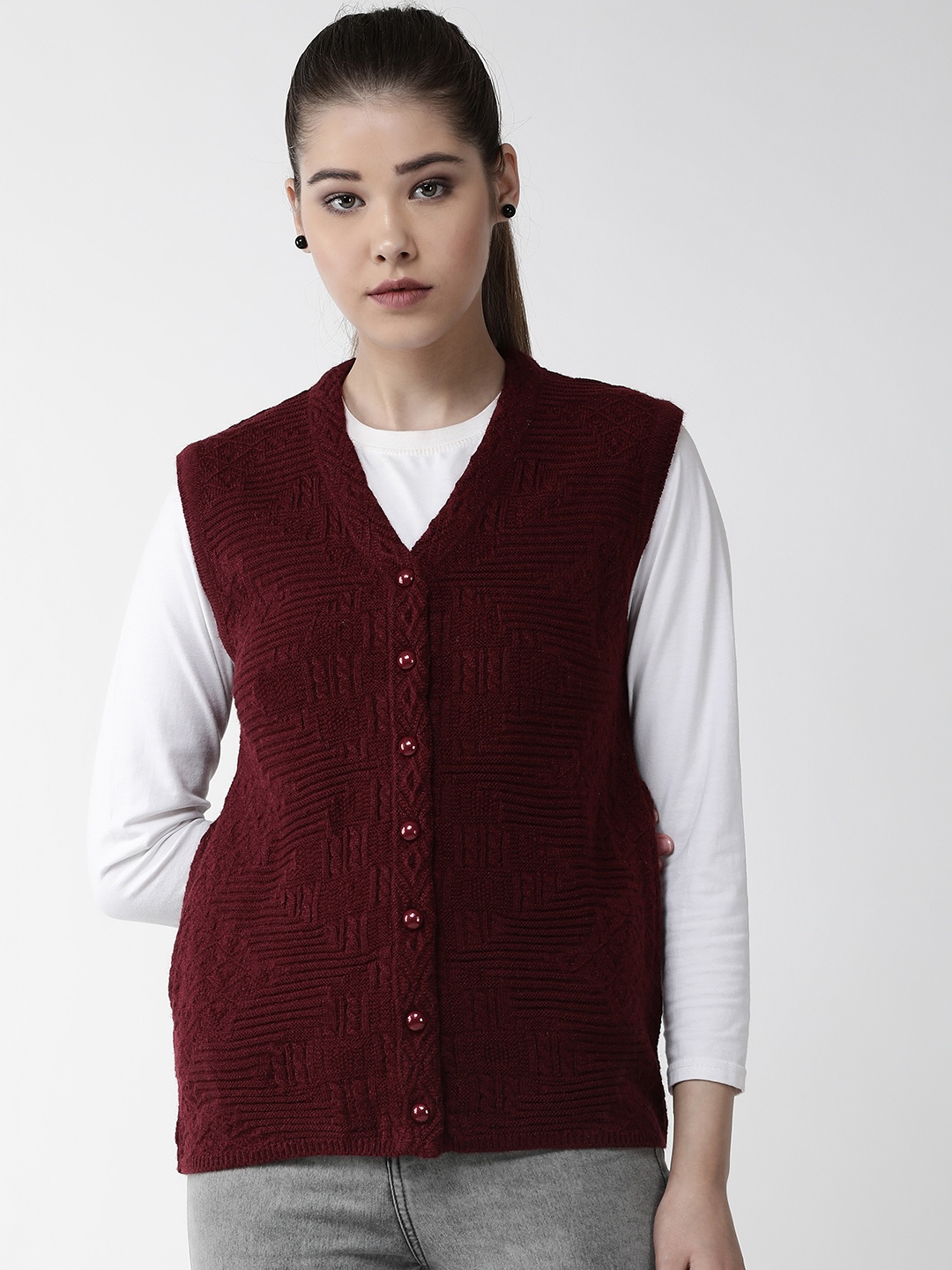 

Cayman Women Maroon Self Design Woollen Cardigan