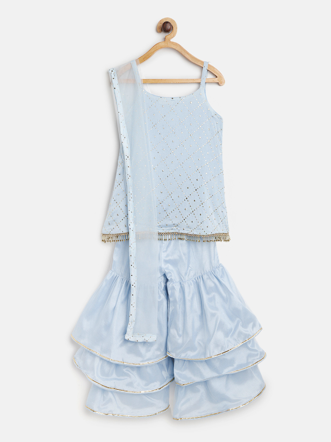 

Fairies Forever Girls Blue & Golden Embellished Straight Kurti with Sharara & Dupatta