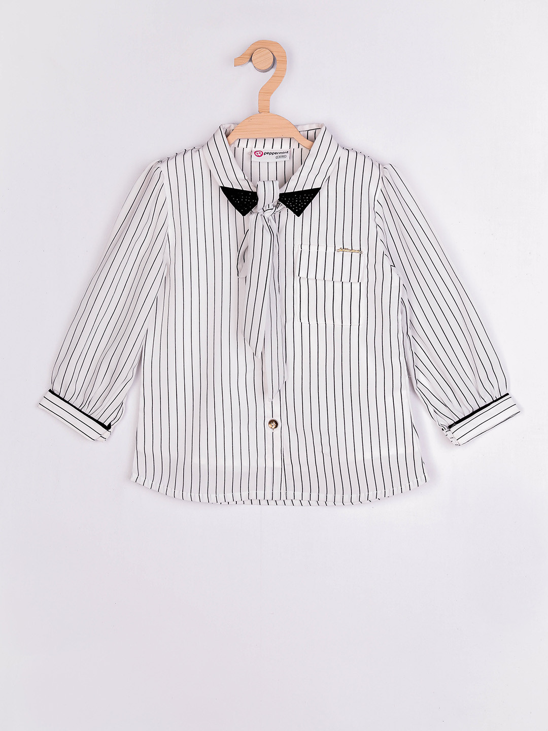 

Peppermint Girls White & Black Striped Shirt Style Top With Bow
