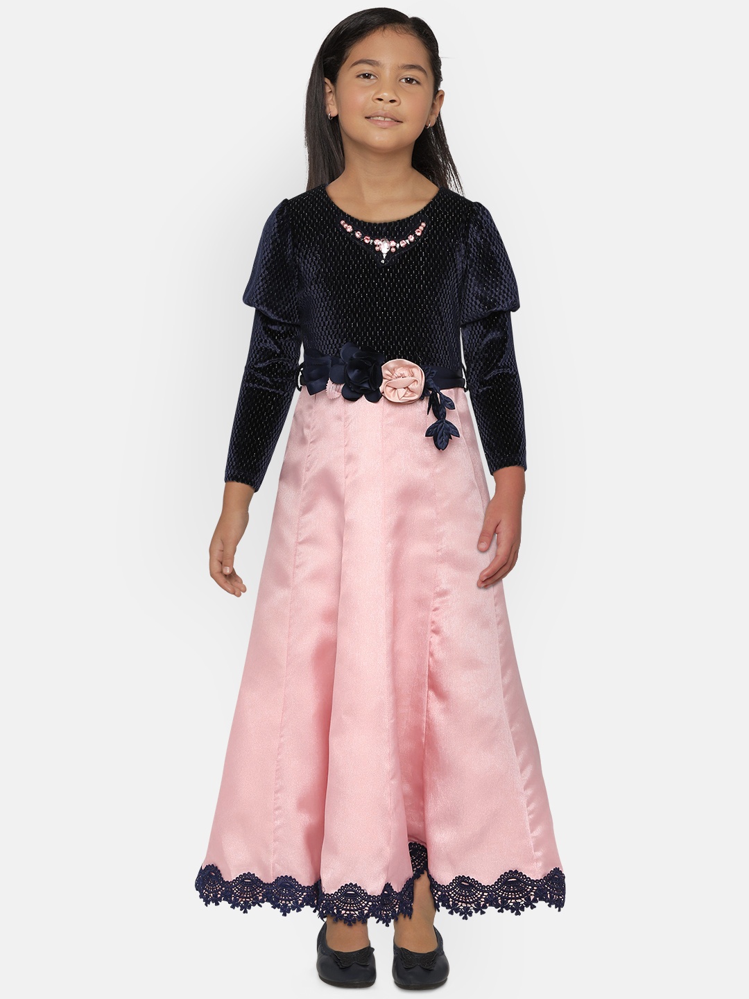 

Peppermint Girls Peach-Coloured & Navy Blue Colourblocked Maxi Dress