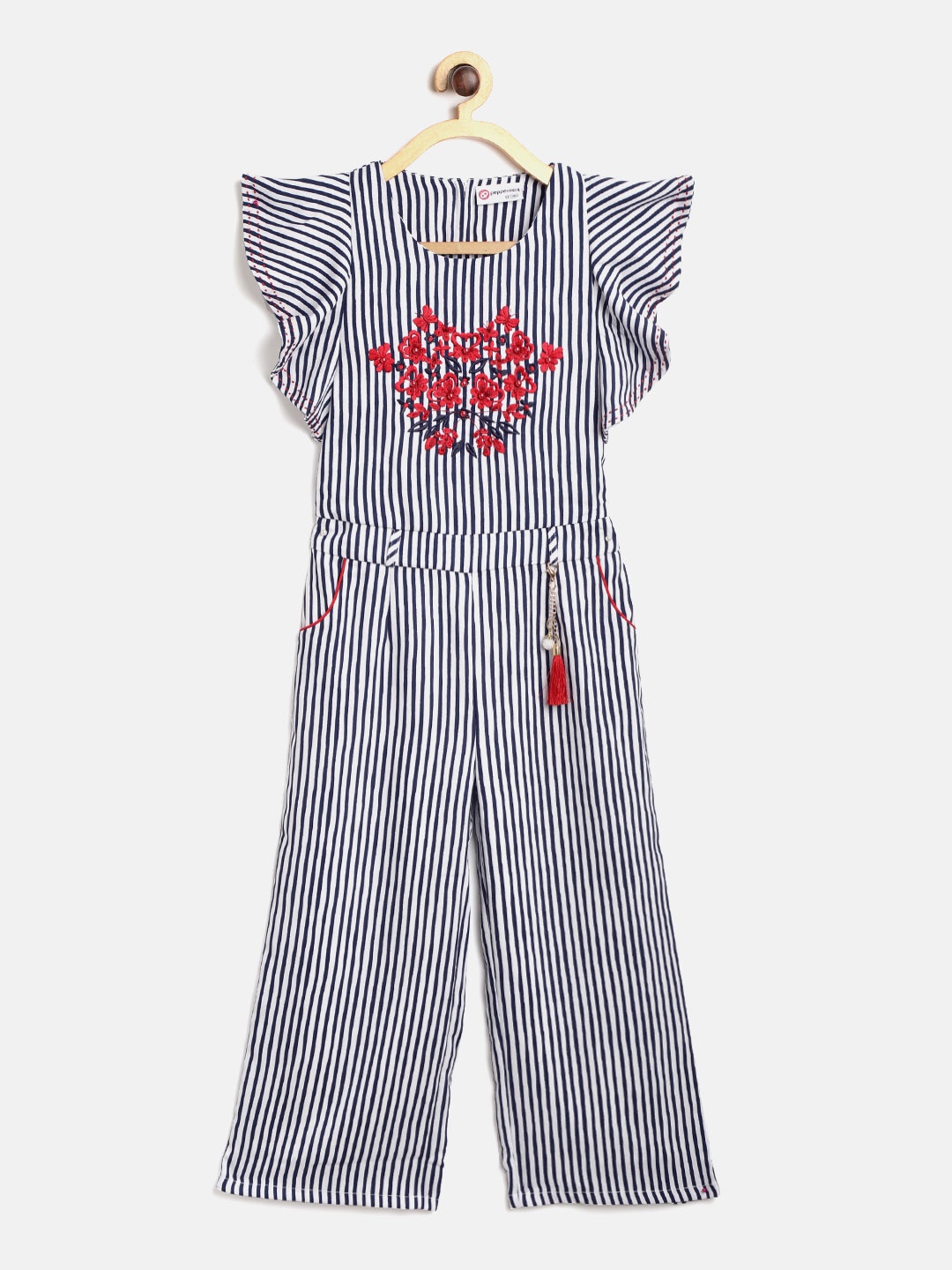

Peppermint Girls Navy Blue & White Striped Basic Jumpsuit