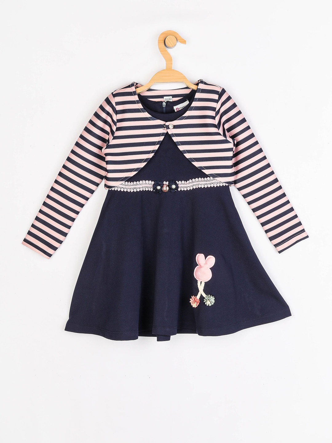 

Peppermint Girls Navy Blue & Pink Striped Fit and Flare Dress