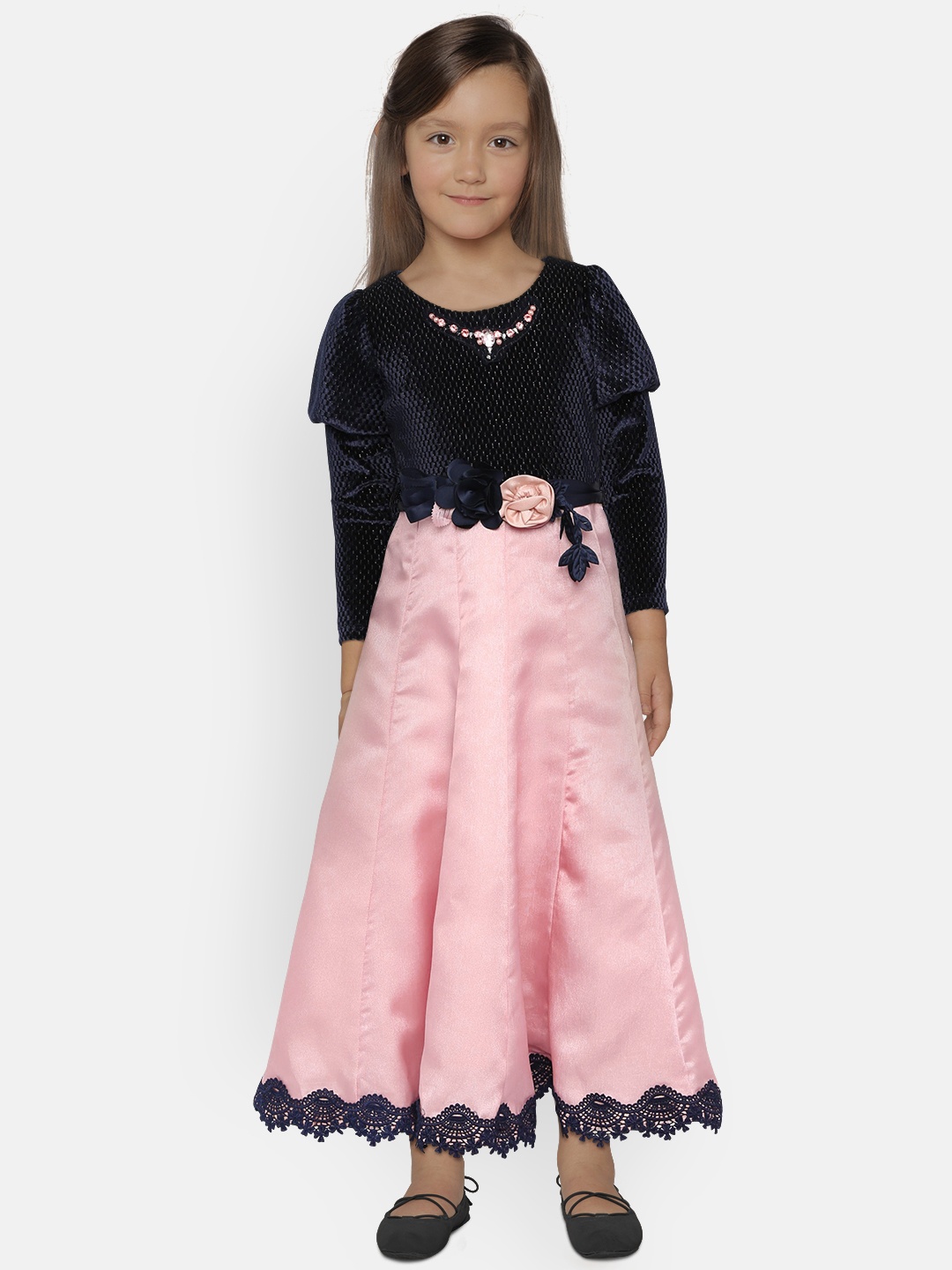 

Peppermint Girls Navy Blue & Peach-Coloured Self Design Maxi Dress