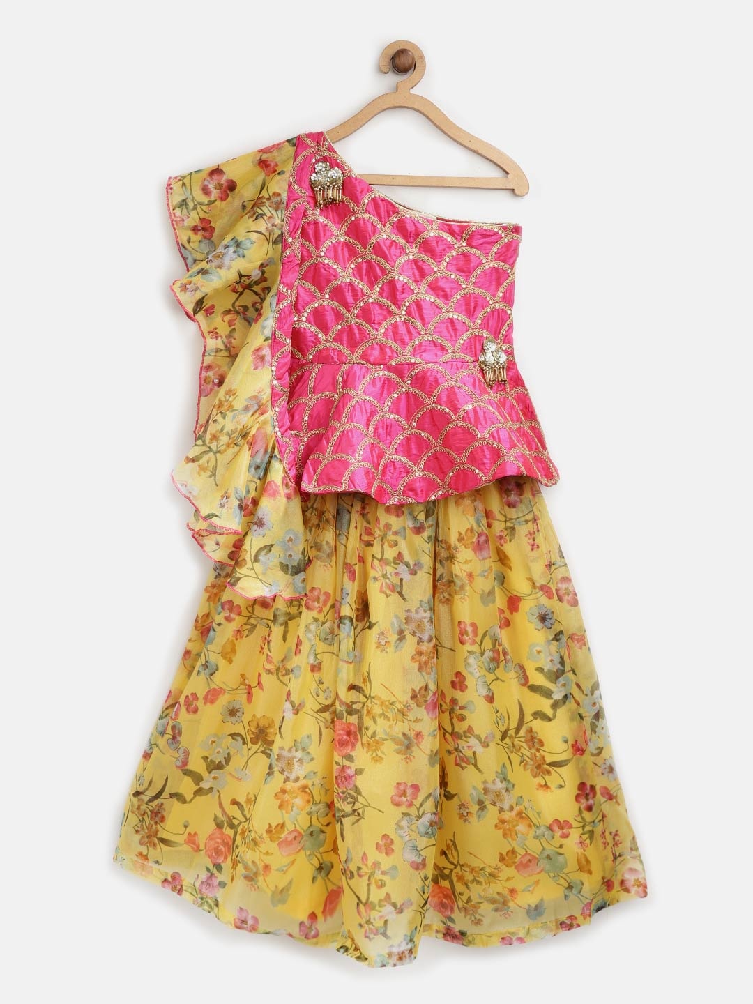 

Fairies Forever Girls Mustard Yellow & Fuchsia Pink Ready to Wear Lehenga Choli & Dupatta