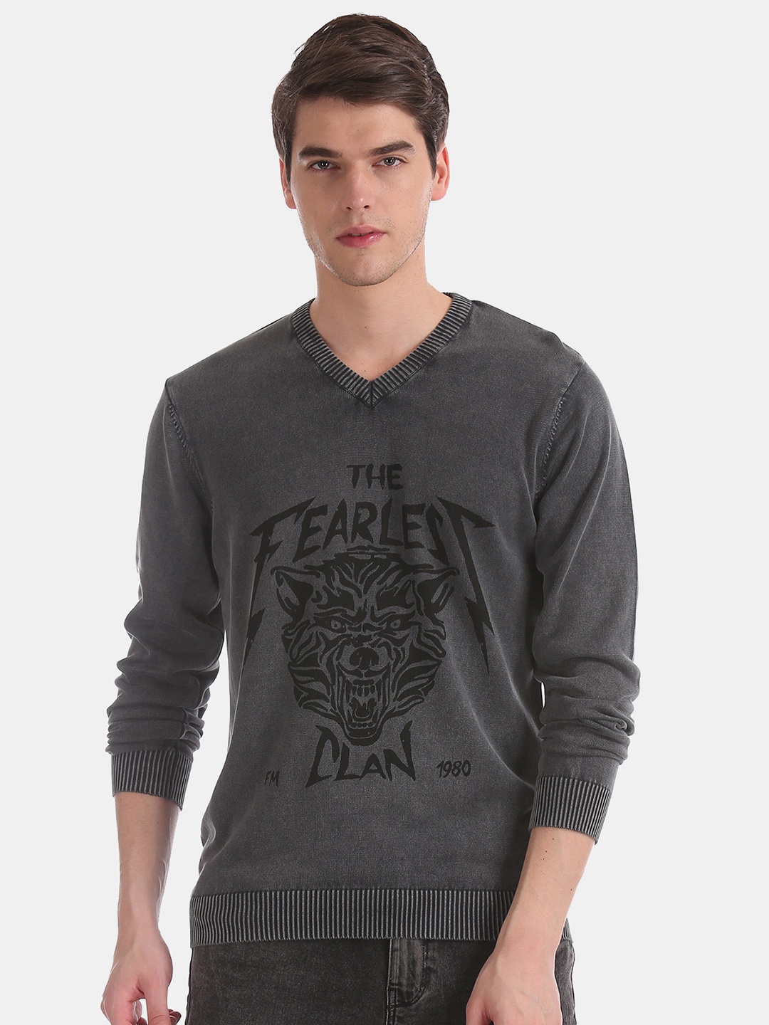 

Flying Machine Men Charcoal Grey Printed Pullover Sweater