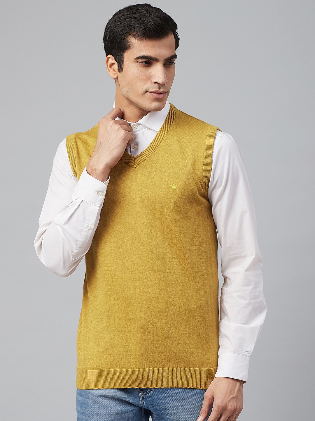 

Louis Philippe Men Mustard Yellow Solid Sweater Vest