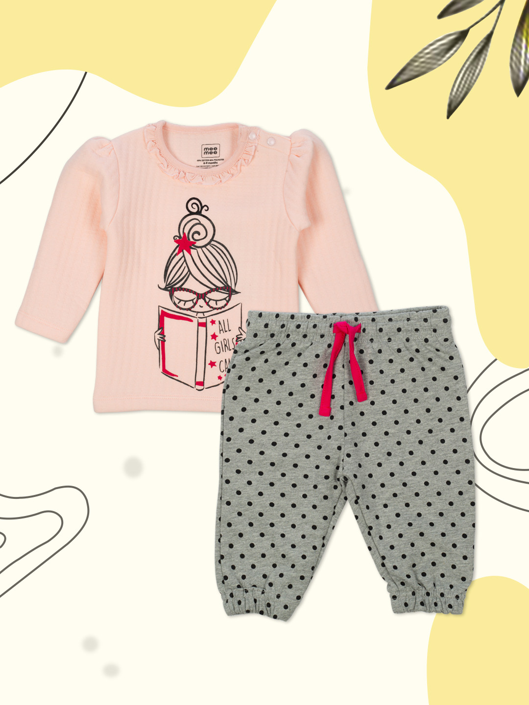 

MeeMee Girls Pink & Grey Melange Printed Night Suit