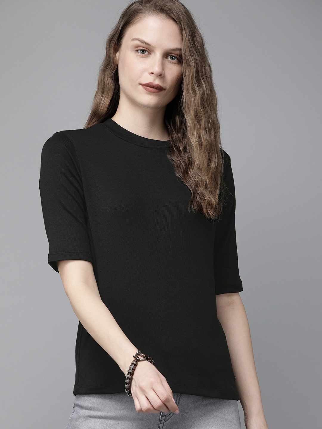 

Roadster Women Black Ribbed Regular Top