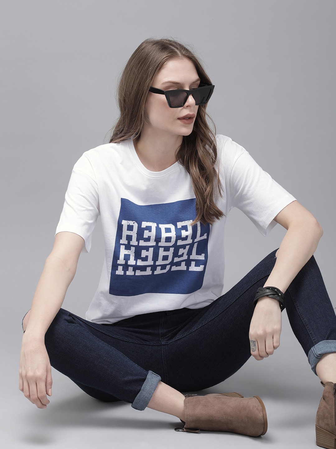 

The Roadster Lifestyle Co Women White Printed Round Neck Relaxed Fit Cotton T-shirt
