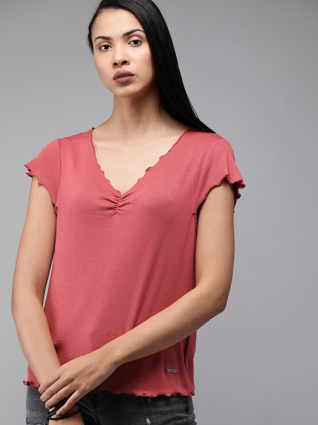 

The Roadster Lifestyle Co Women Rust Red Self Striped Top