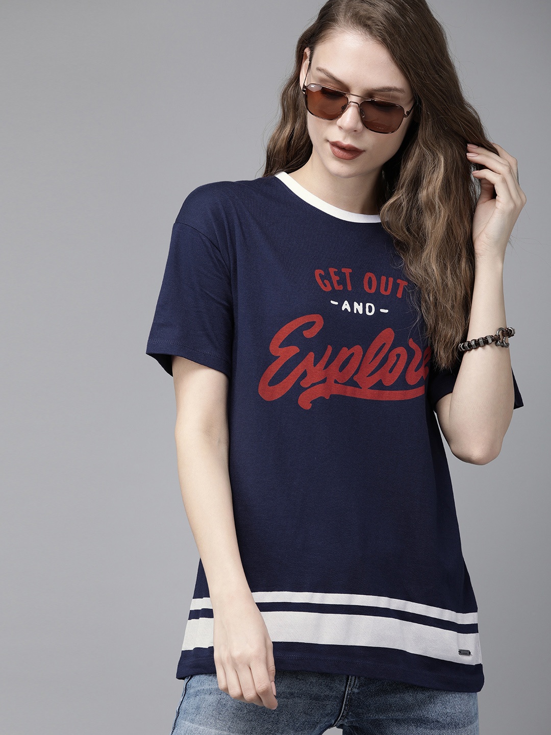 

The Roadster Lifestyle Co Women Navy Blue Printed Round Neck Pure Cotton T-shirt