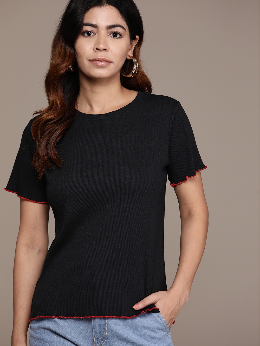 

The Roadster Lifestyle Co. Ribbed Top With Contrast Lettuce Eges, Black