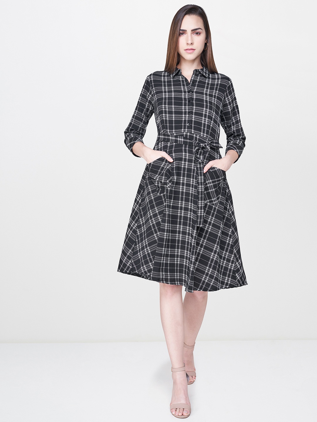 

AND Women Black & White Checked A-Line Dress