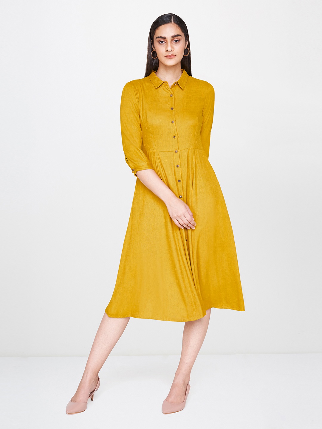 

AND Women Mustard Yellow Self Design A-Line Dress