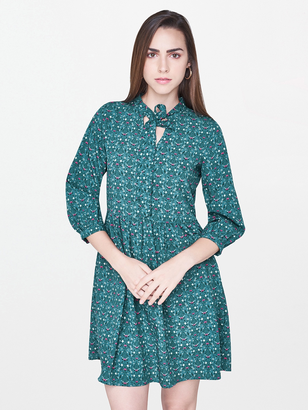 

AND Women Teal Green Printed A-Line Dress