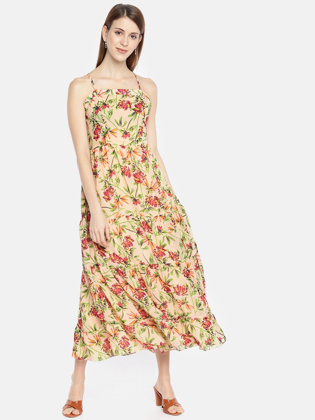 

AND Women Beige & Green Printed Tiered Fit and Flare Dress With Smoked Detailing