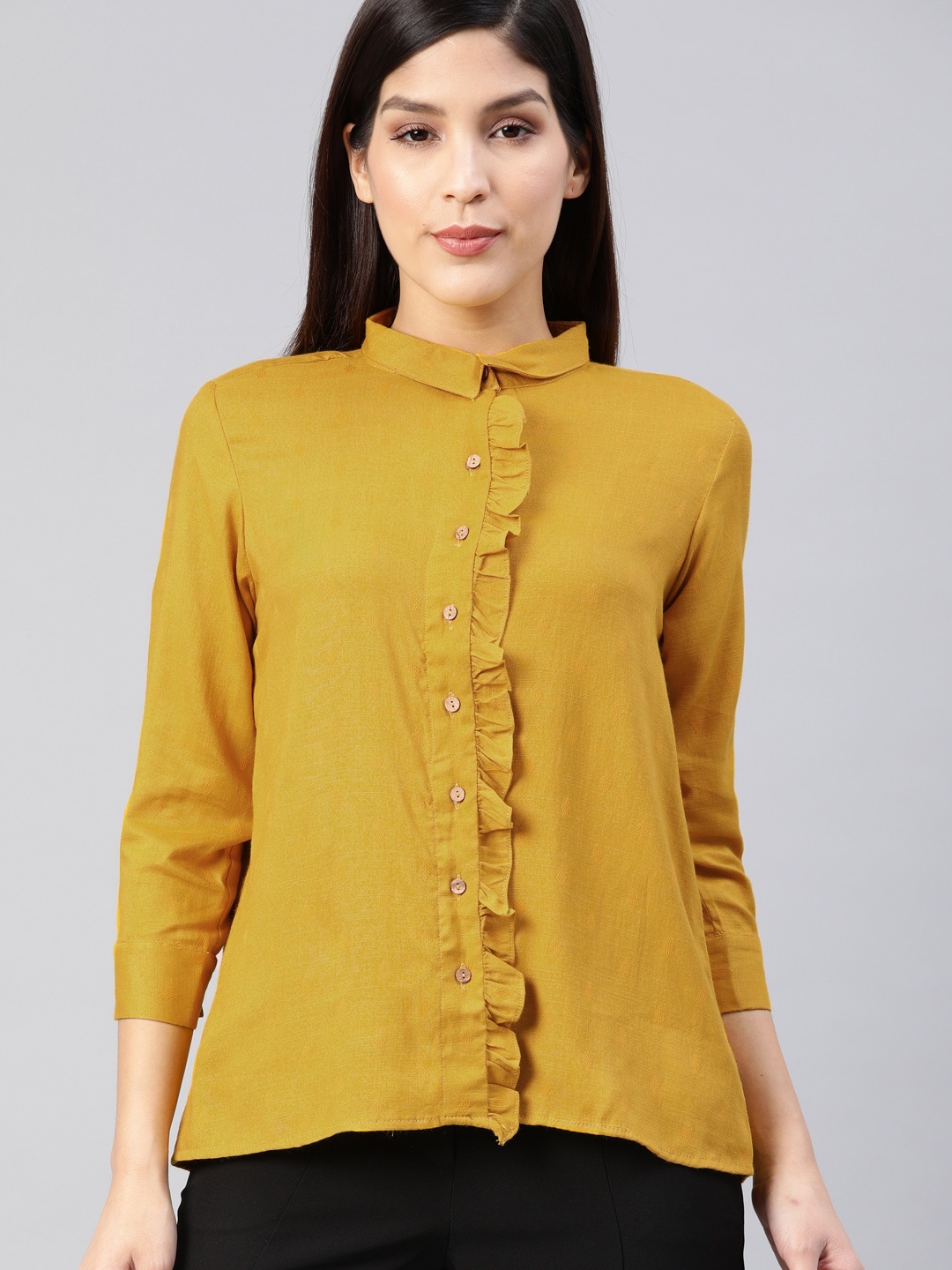 

AND Women Mustard Yellow Regular Fit Self Design Formal Shirt with Ruffle Detail