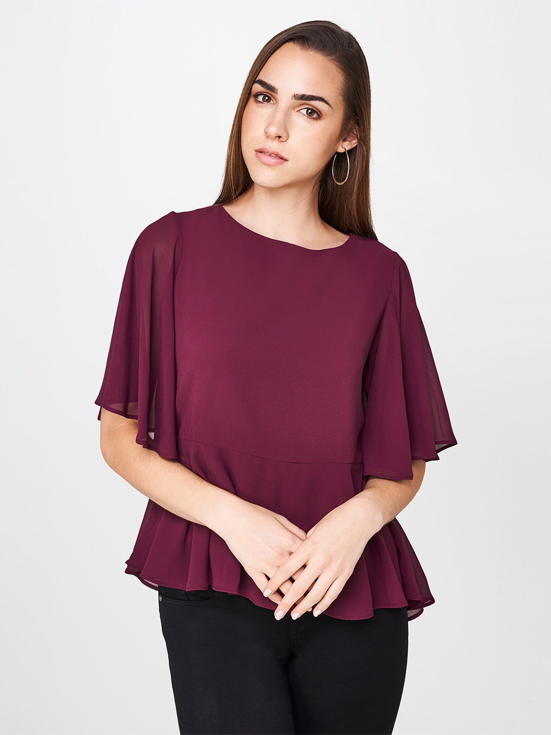 

AND Women Purple Solid Peplum Top