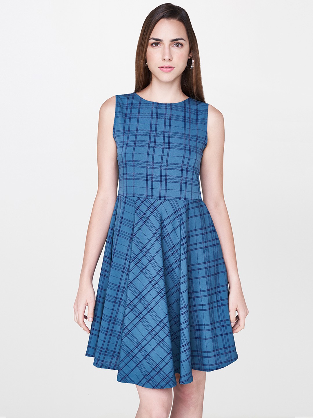 

AND Checked Fit & Flare Dress, Teal