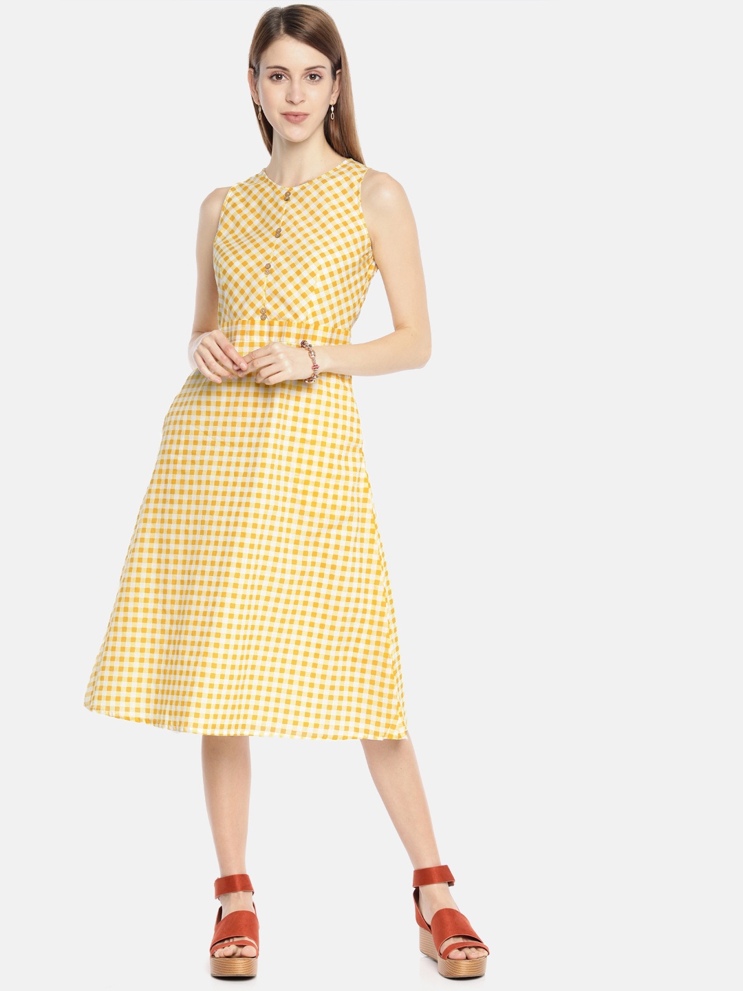 

AND Women Yellow & White Checked A-Line Styled Back Dress