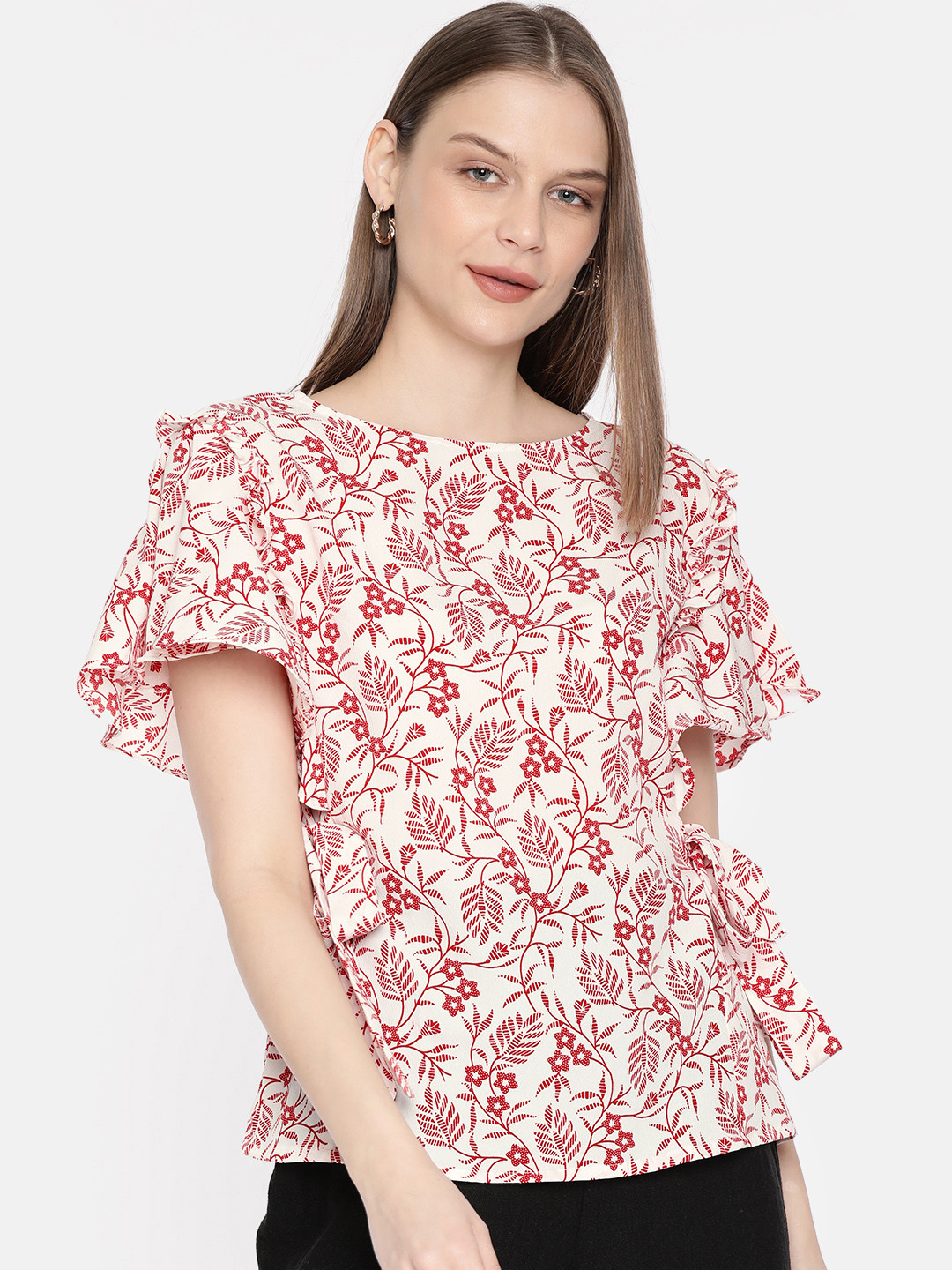 

AND Women Off-White & Red Printed Cinched Waist Top