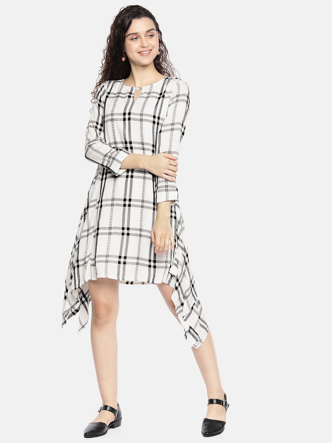 

AND Women Off-White & Black Checked Fit and Flare Dress