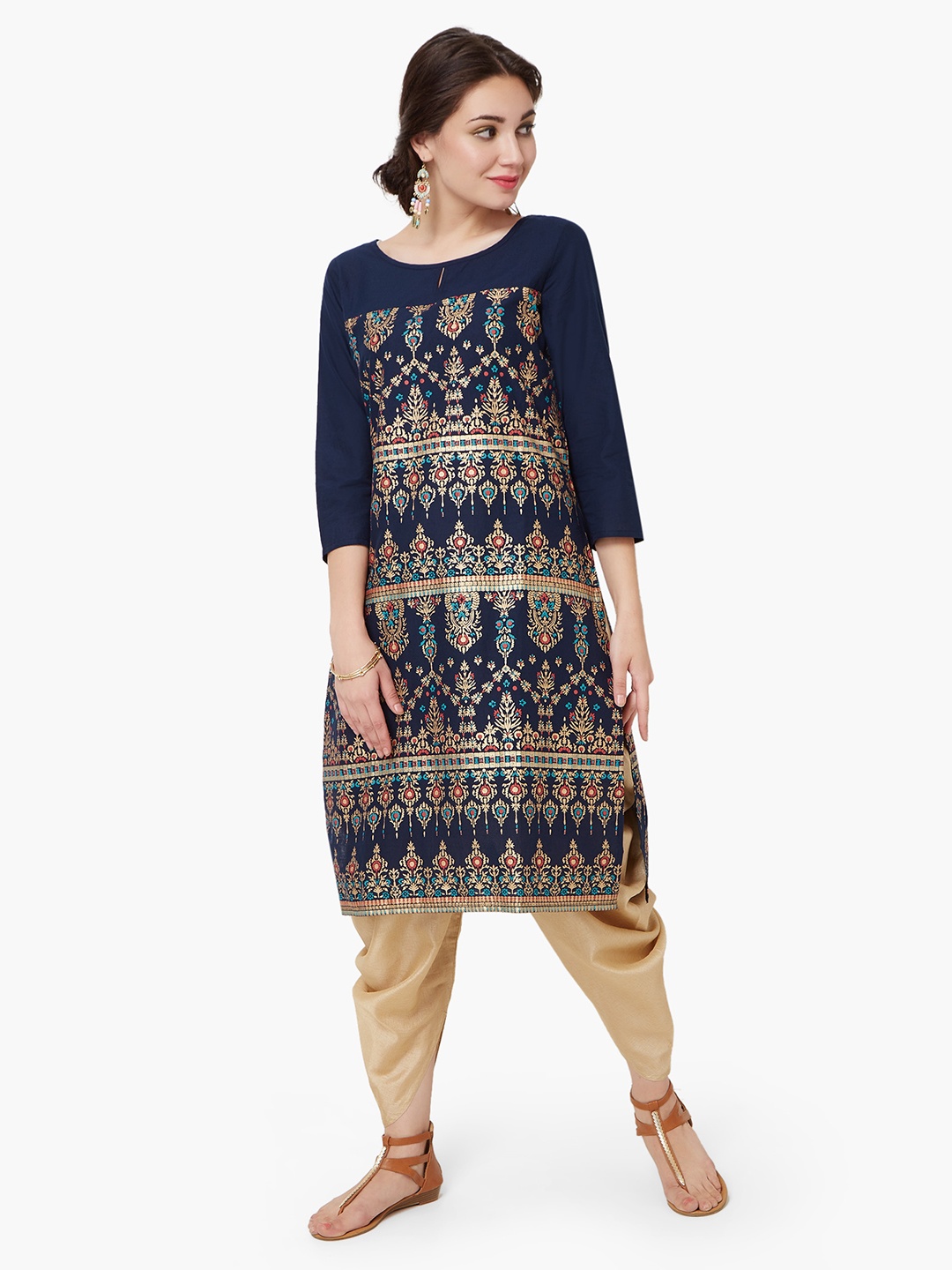 

Melange by Lifestyle Women Blue & Gold-Toned Printed Straight Kurta