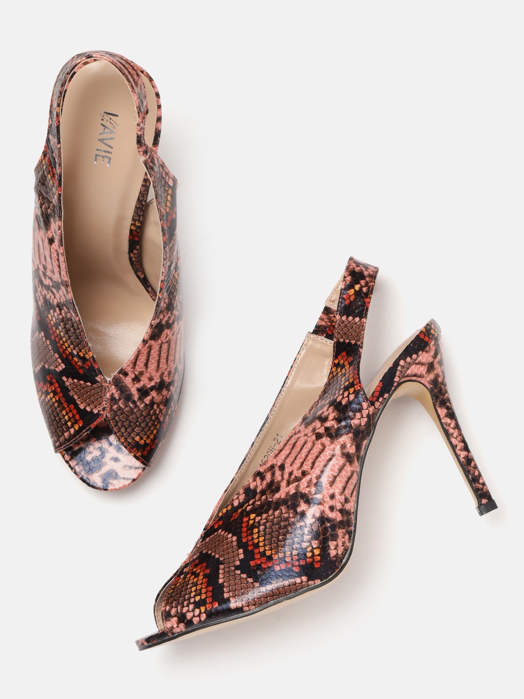 

Lavie Women Peach-Coloured & Black Snakeskin Textured Heels