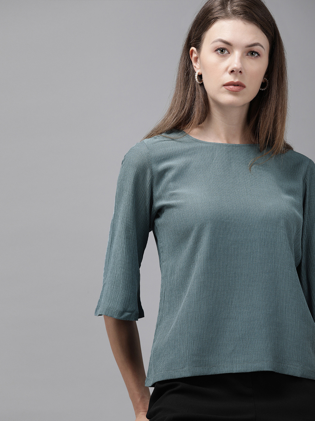 

Park Avenue Women Grey Solid Top With Wrinkle Effect