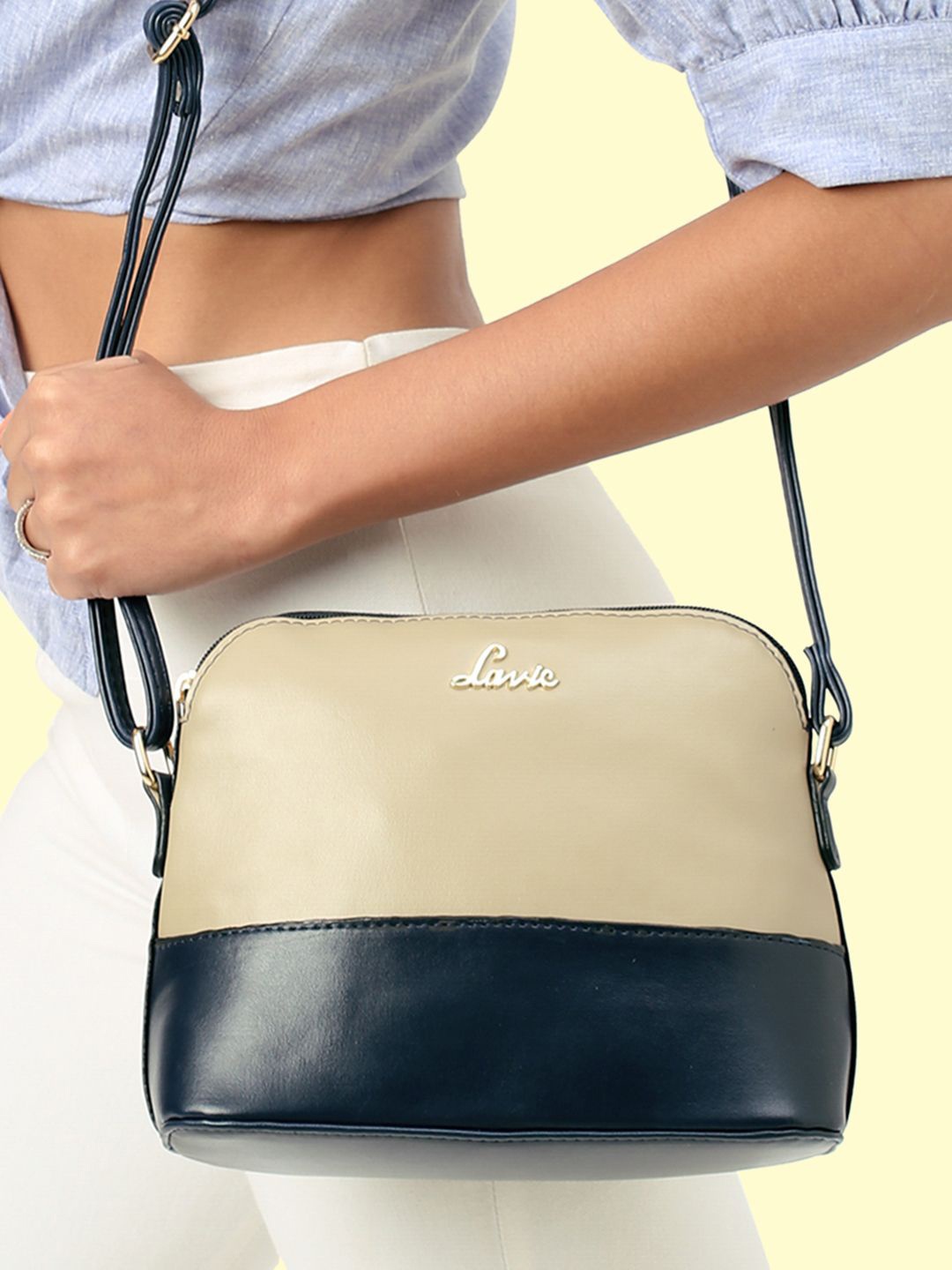 

Lavie Rigel Woman Navy & Beige Colourblocked Dome Slingbag, Navy blue