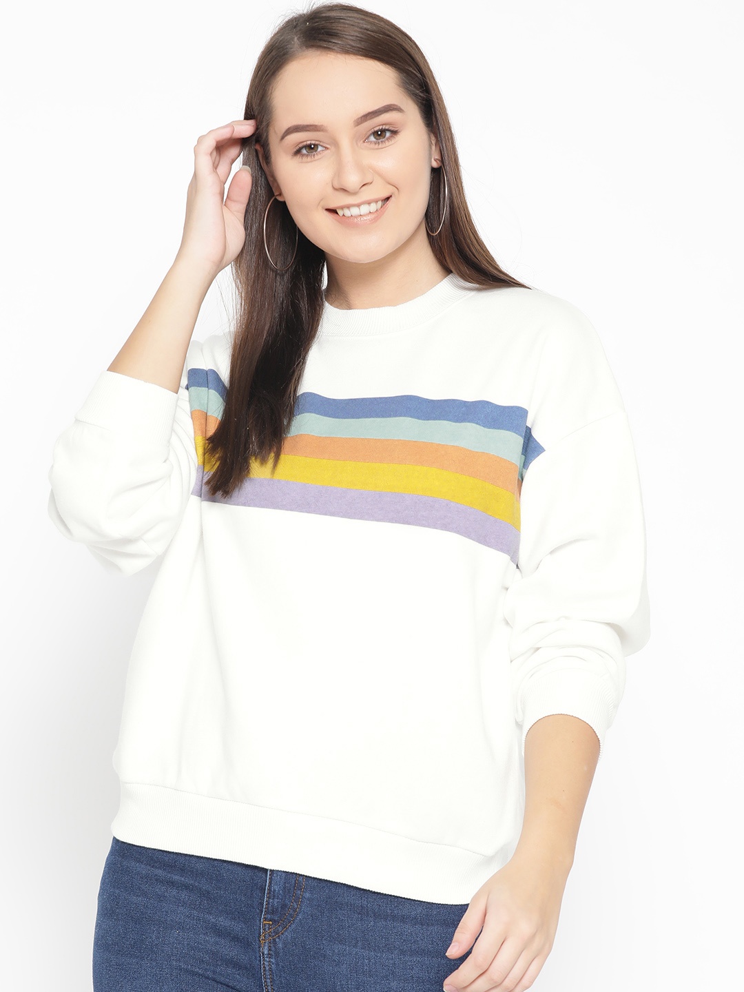 

AMERICAN EAGLE OUTFITTERS Women White Striped Sweatshirt