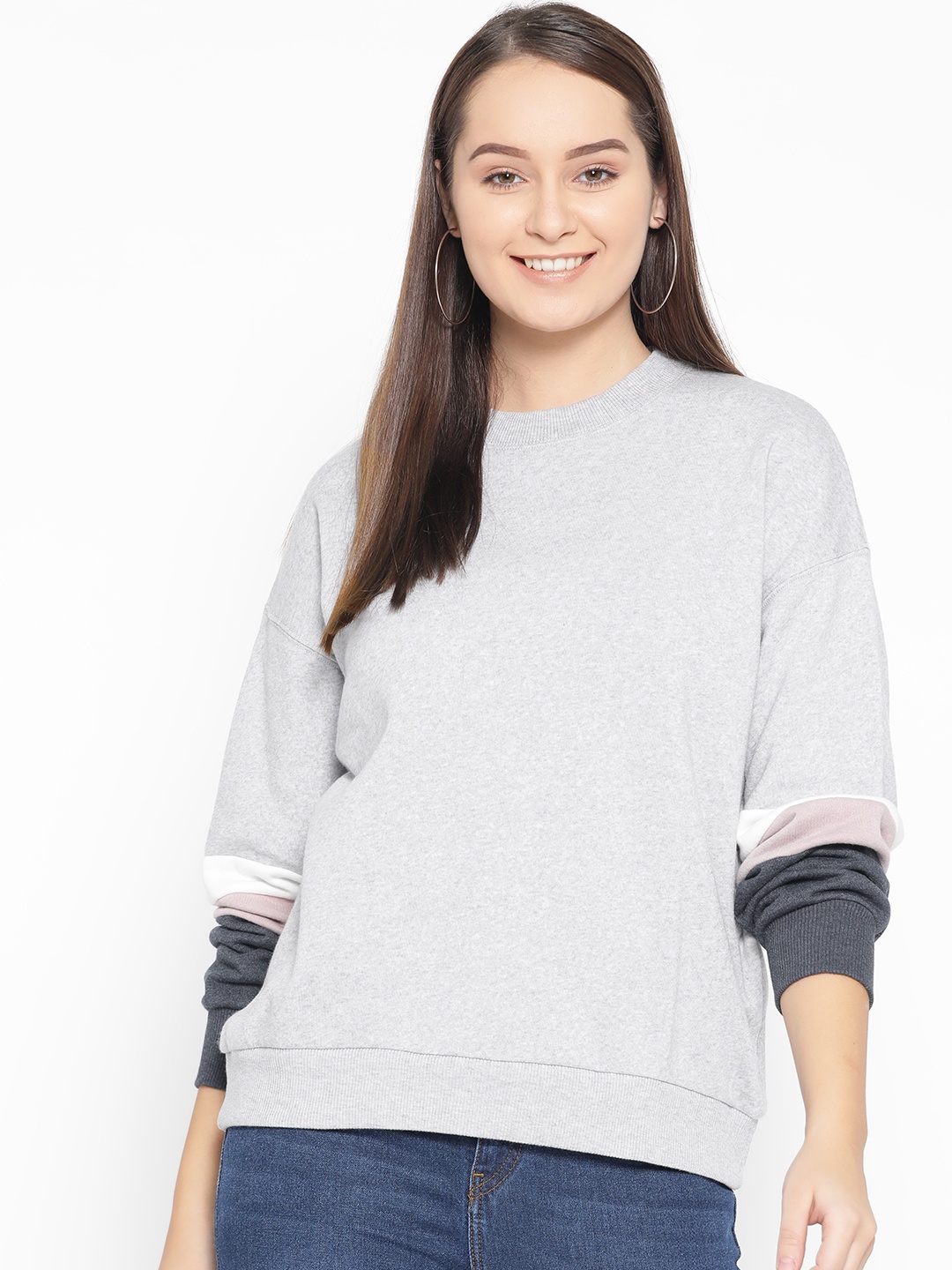 

AMERICAN EAGLE OUTFITTERS Women Grey Melange Solid Sweatshirt