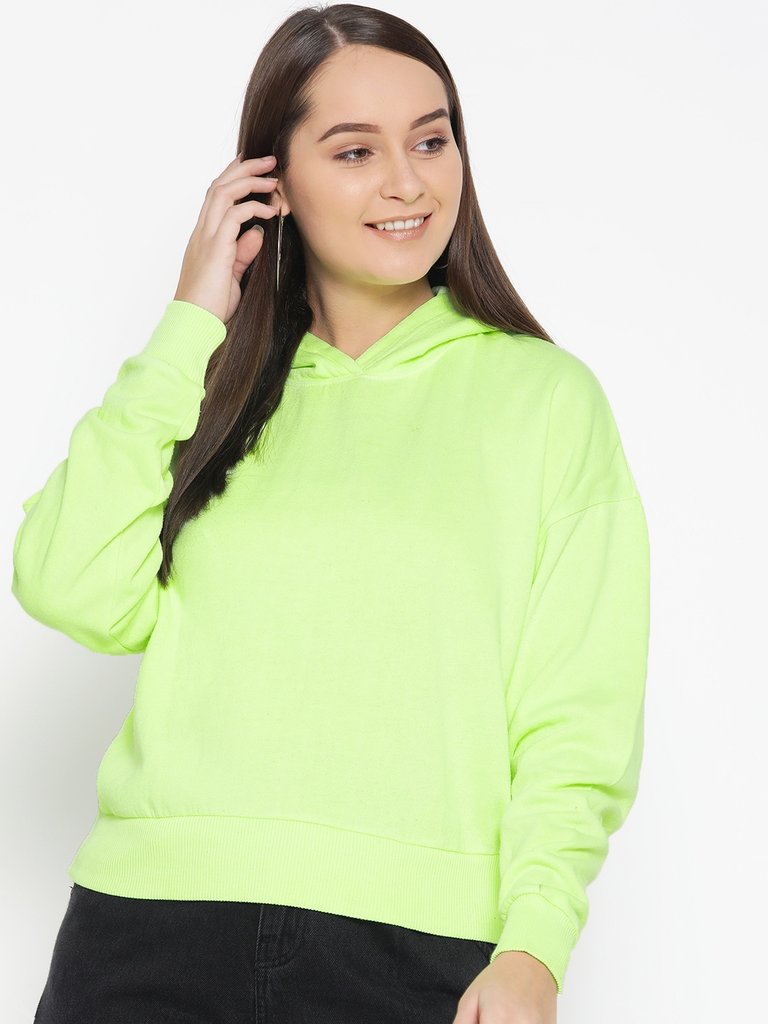 

AMERICAN EAGLE OUTFITTERS Women Fluorescent Green Solid Hooded Sweatshirt