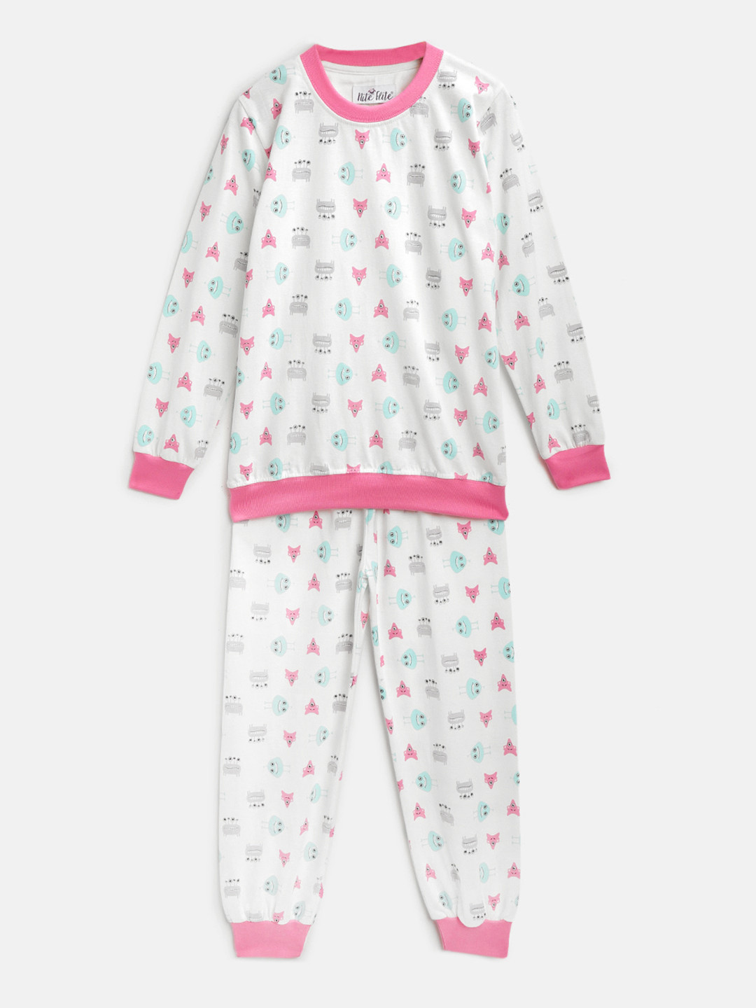 

Nite Flite Girls White & Pink Printed Night suit, Off white