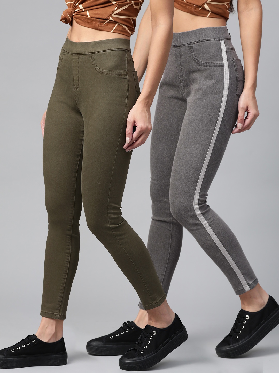 

The Roadster Lifestyle Co Women Pack Of 2 Solid Super Skinny Jeggings, Olive