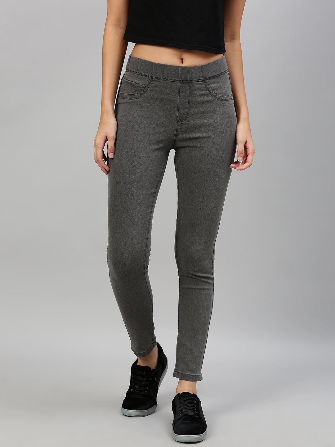 

The Roadster Lifestyle Co Women Grey Washed Super Skinny Fit Mid-Rise Clean Look Cropped Jeggings