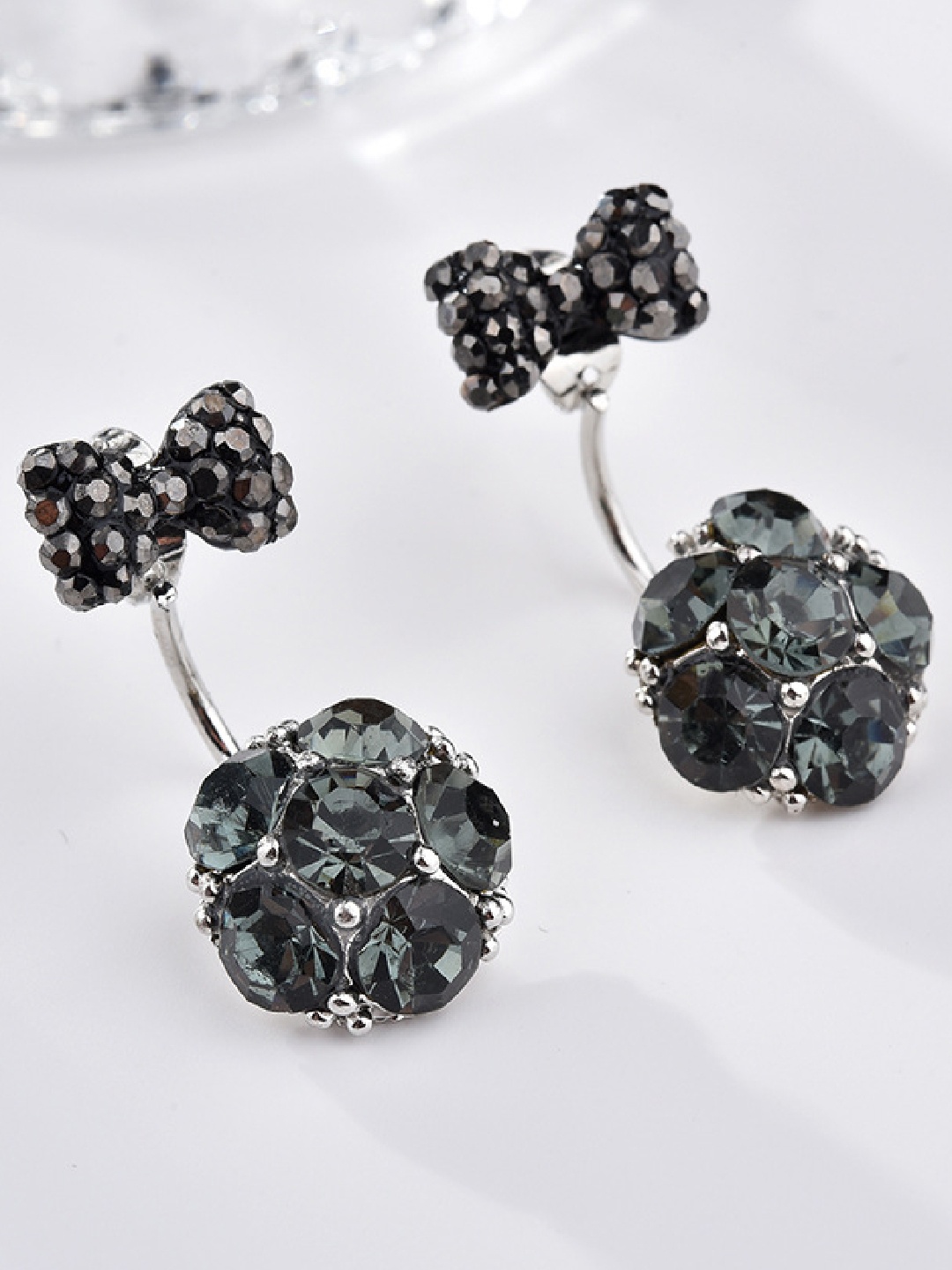 

OOMPH Black & Silver-Toned Floral Drop Earrings