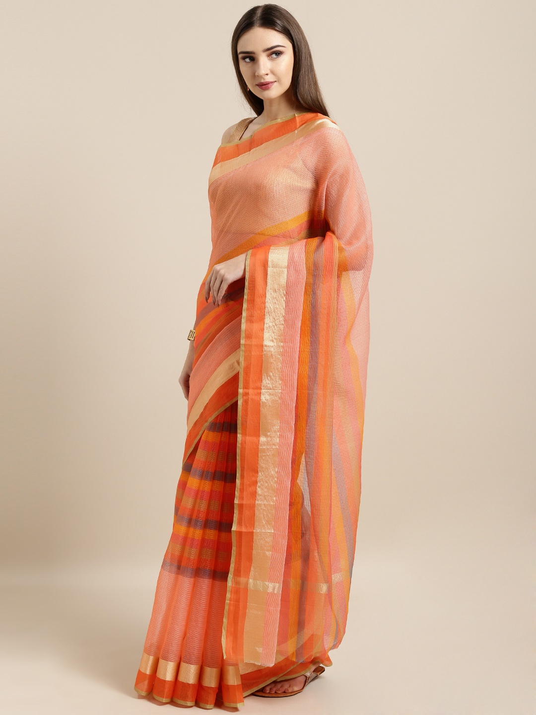 

Rajnandini Peach-Coloured & Blue Cotton Blend Striped Kota Saree