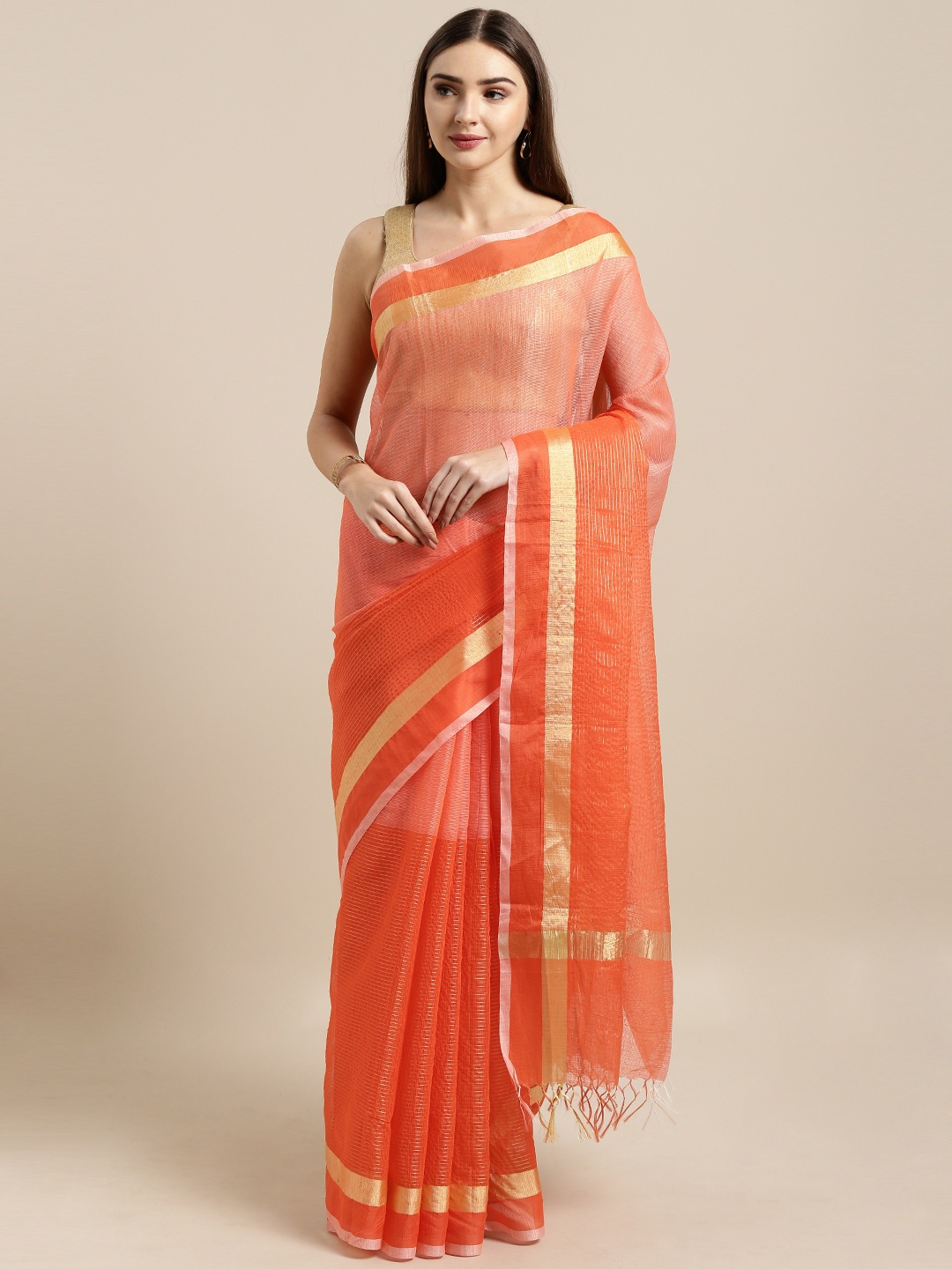 

Rajnandini Orange Cotton Blend Checked Kota Saree