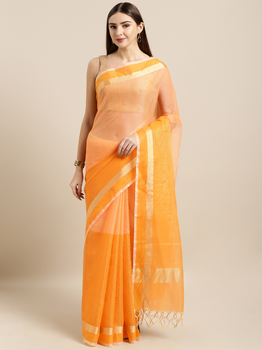 

Rajnandini Mustard Yellow & Gold-Toned Cotton Blend Woven Design Kota Saree