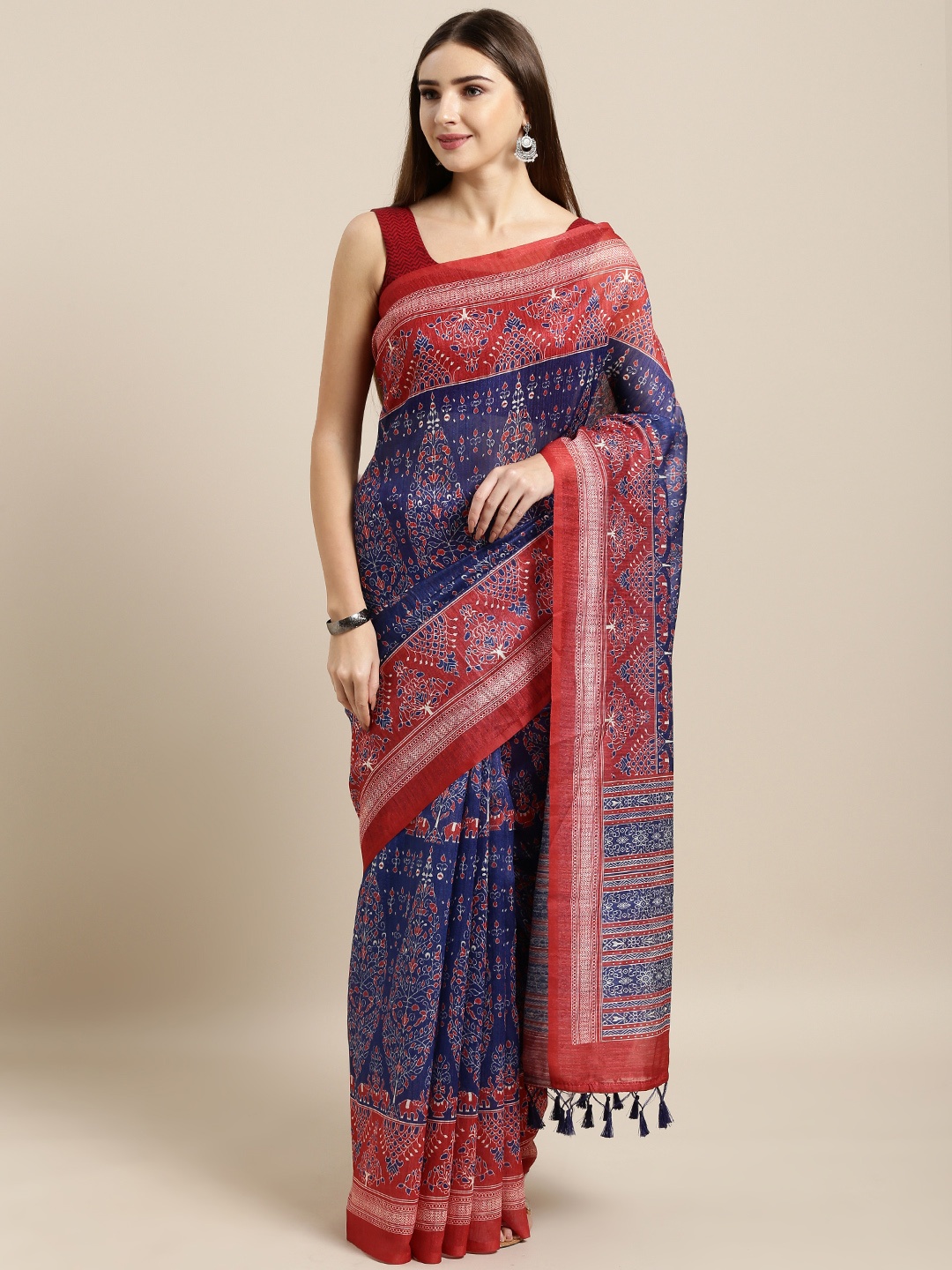 

Rajnandini Navy Blue & Red Silk Cotton Printed Kalamkari Saree