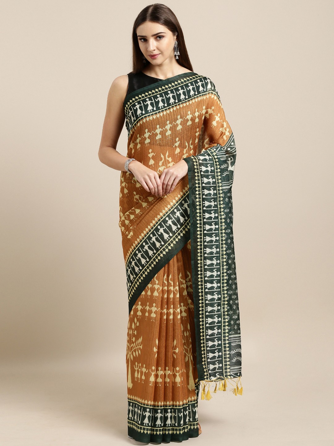 

Rajnandini Mustard Yellow & Green Silk Cotton Printed Kalamkari Handloom Saree