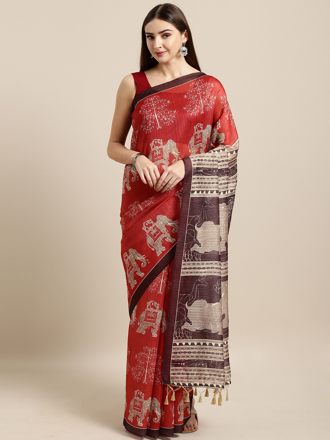

Rajnandini Coral Red & Brown Silk Cotton Printed Kalamkari Handloom Saree