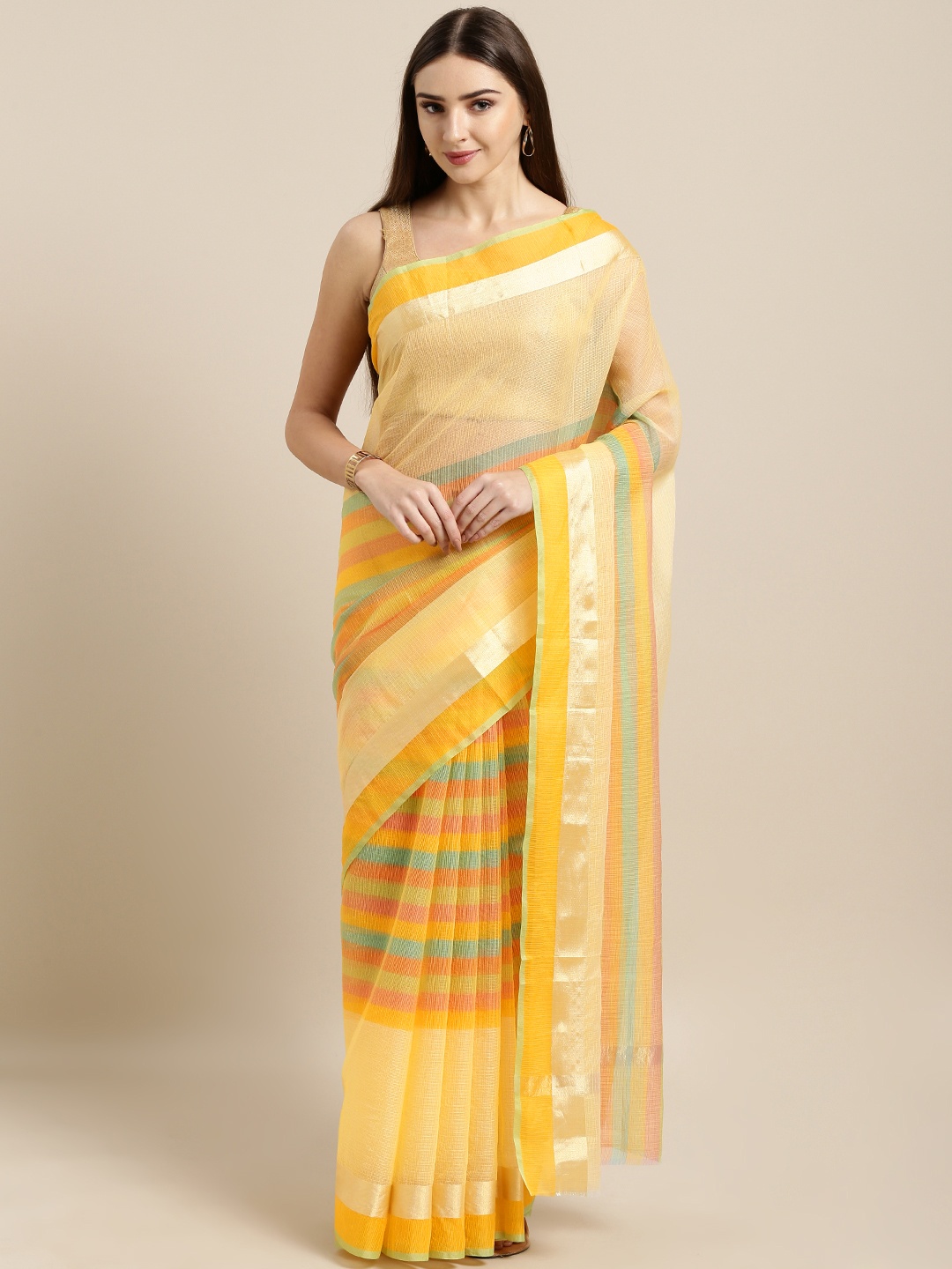 

Rajnandini Yellow & Green Cotton Blend Striped Kota Saree