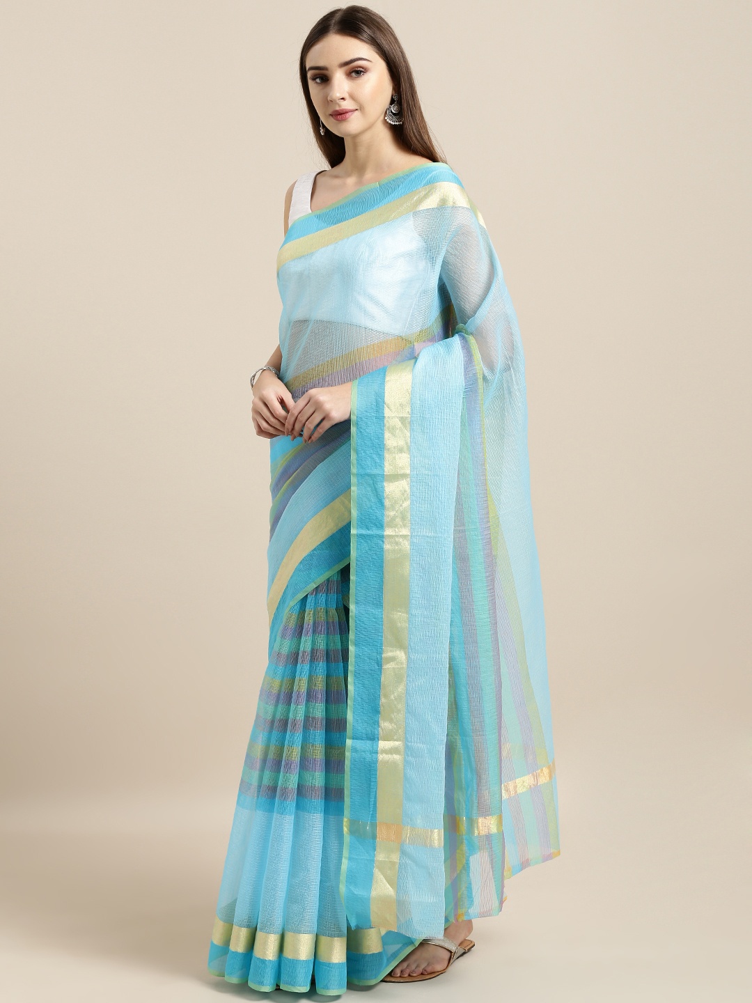 

Rajnandini Blue & Green Cotton Blend Striped Kota Saree