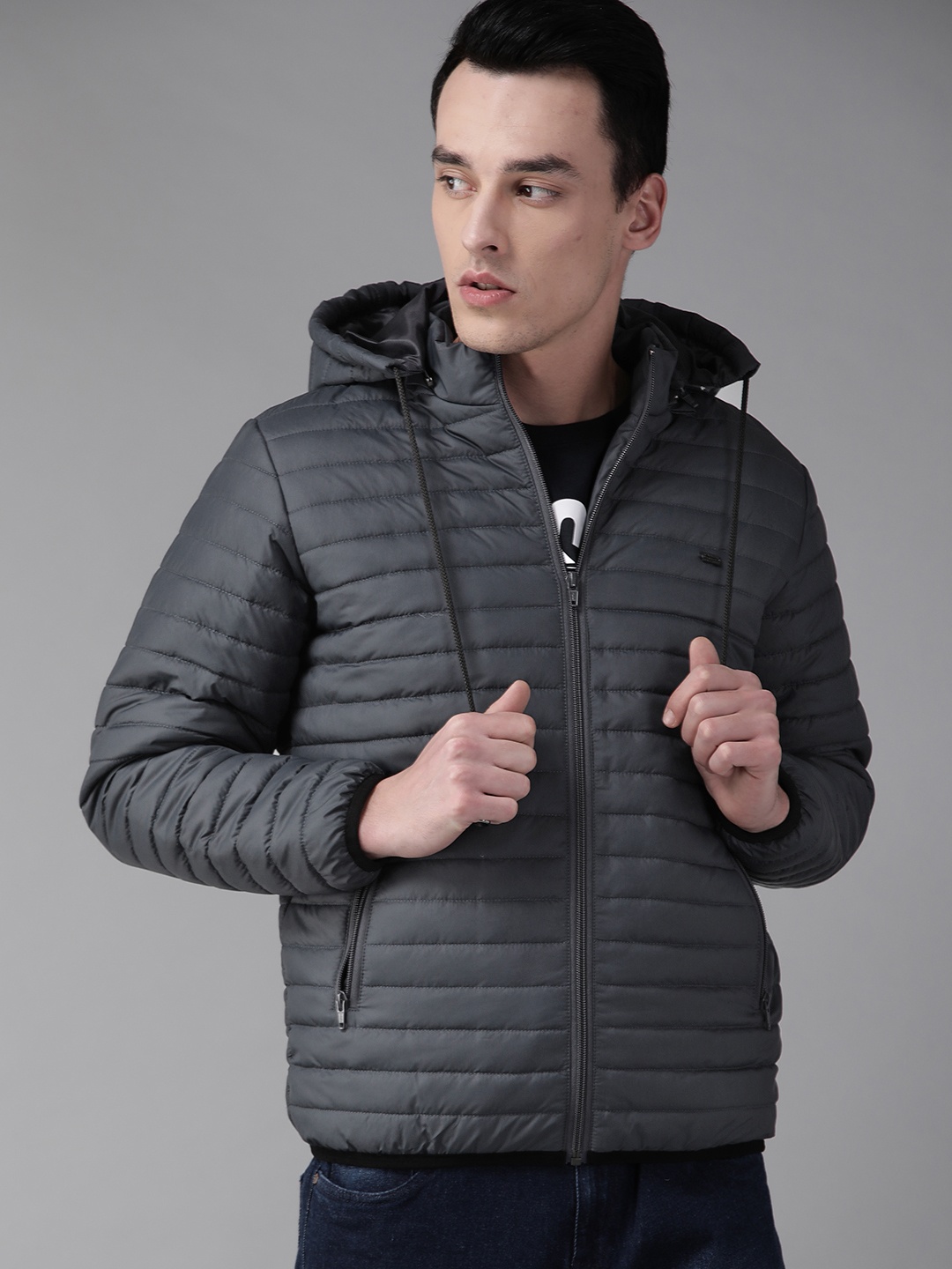 

The Roadster Lifestyle Co Men Navy Blue Solid Quilted Jacket with Detachable Hood