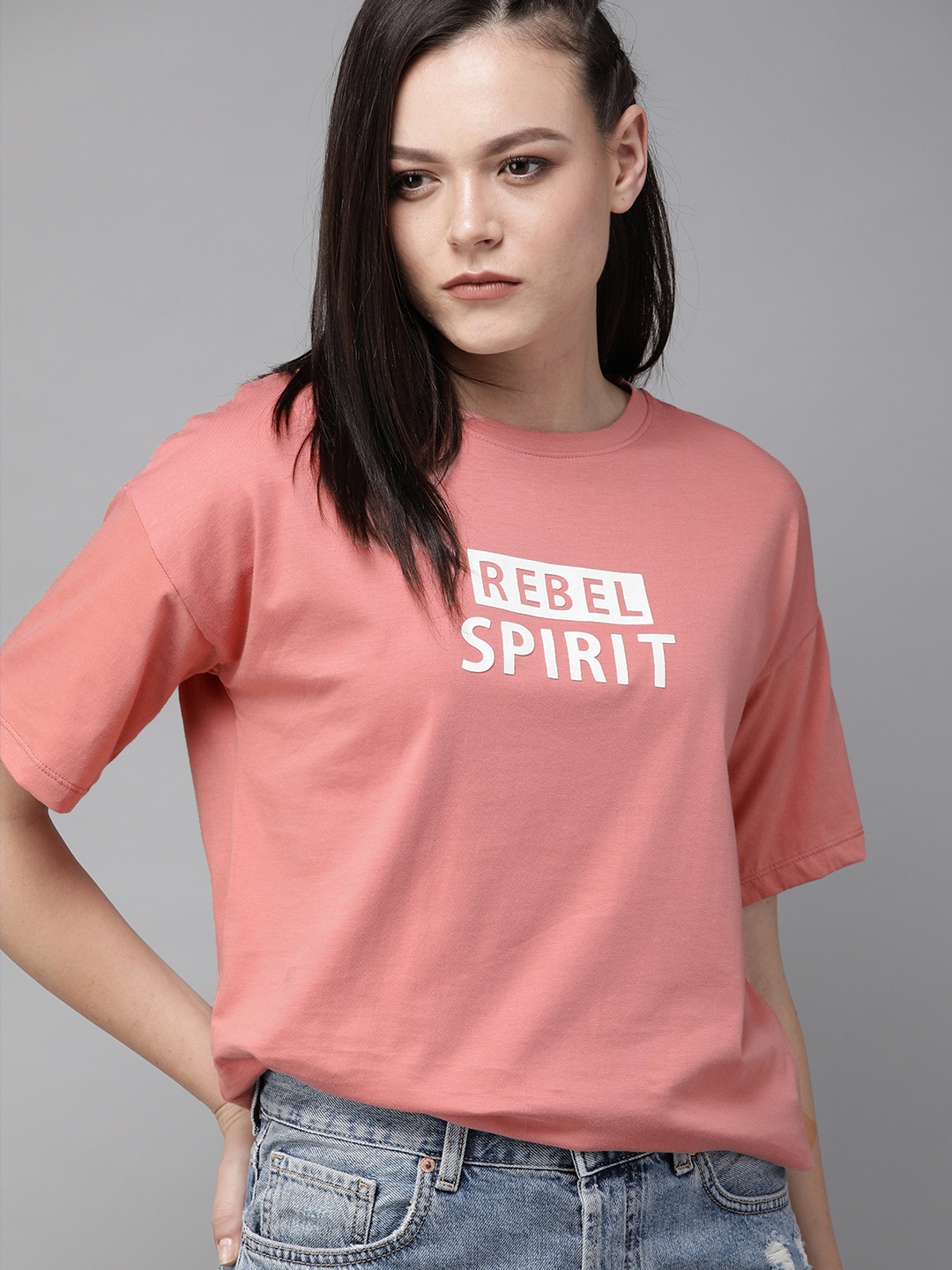 

The Roadster Lifestyle Co Women Pink White Printed Round Neck Pure Cotton T-shirt