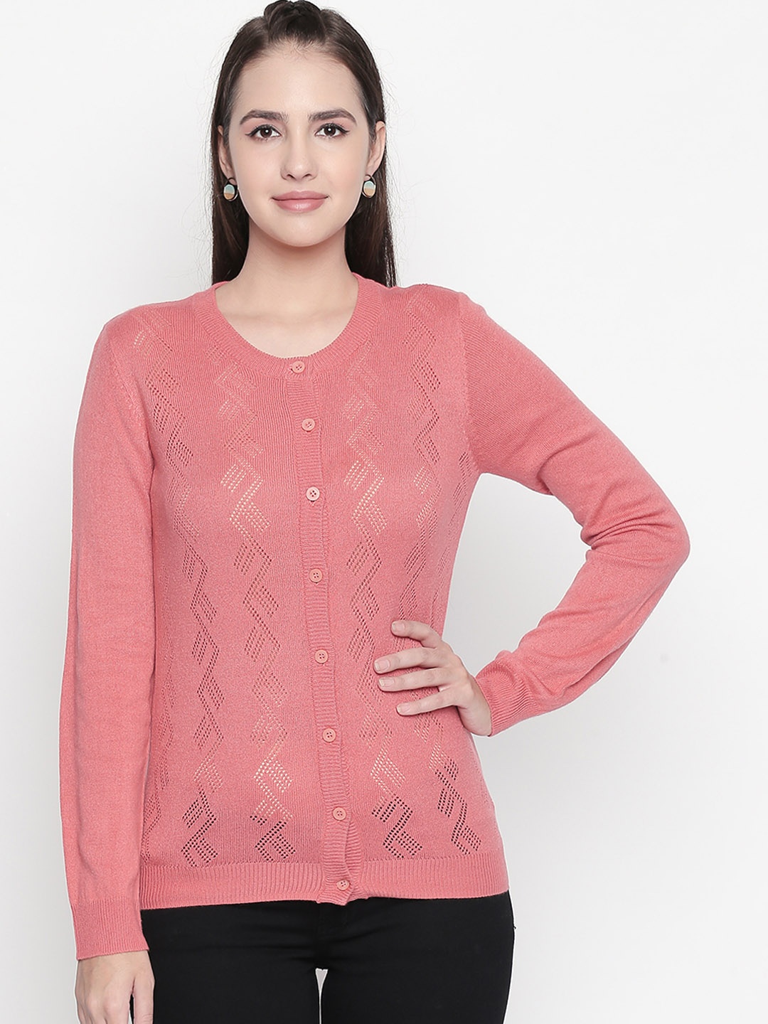 

RANGMANCH BY PANTALOONS Women Coral Pink Self Design Sweater